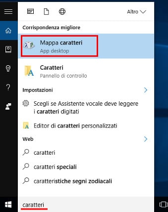 Windows 10 - Mappa caratteri in Start